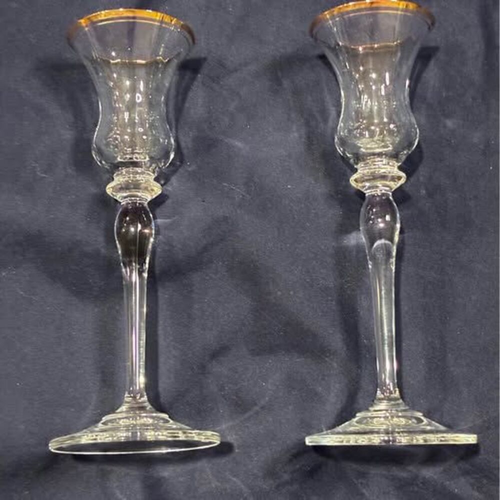 Set of 2 Vintage Mikasa Jamestown Gold Rimmed Glass Taper Candle Holders - NIB